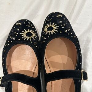 J. Crew Gold Embroidered
Celestial Moon & Stars Black
Velvet Mary Jane Flats